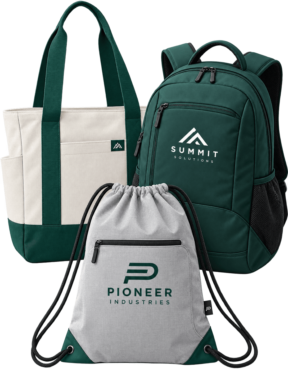 Custom tote bag, backpack, and drawstring bag with logos