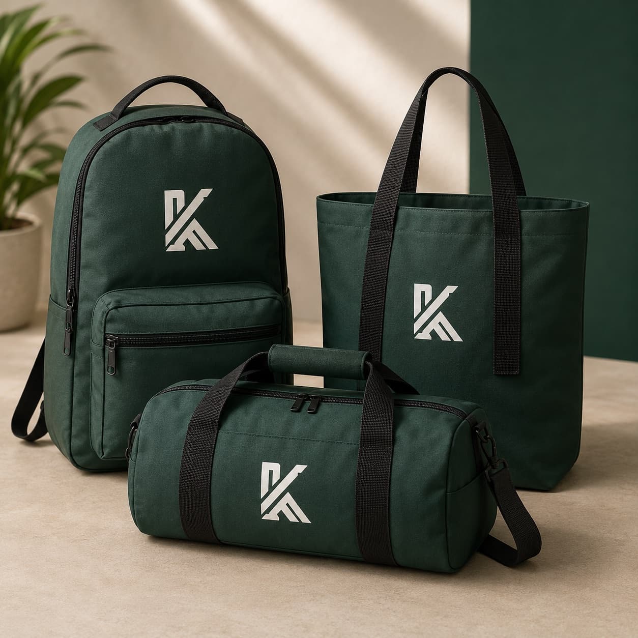 Branded green backpack, tote bag, and duffel bag with logo