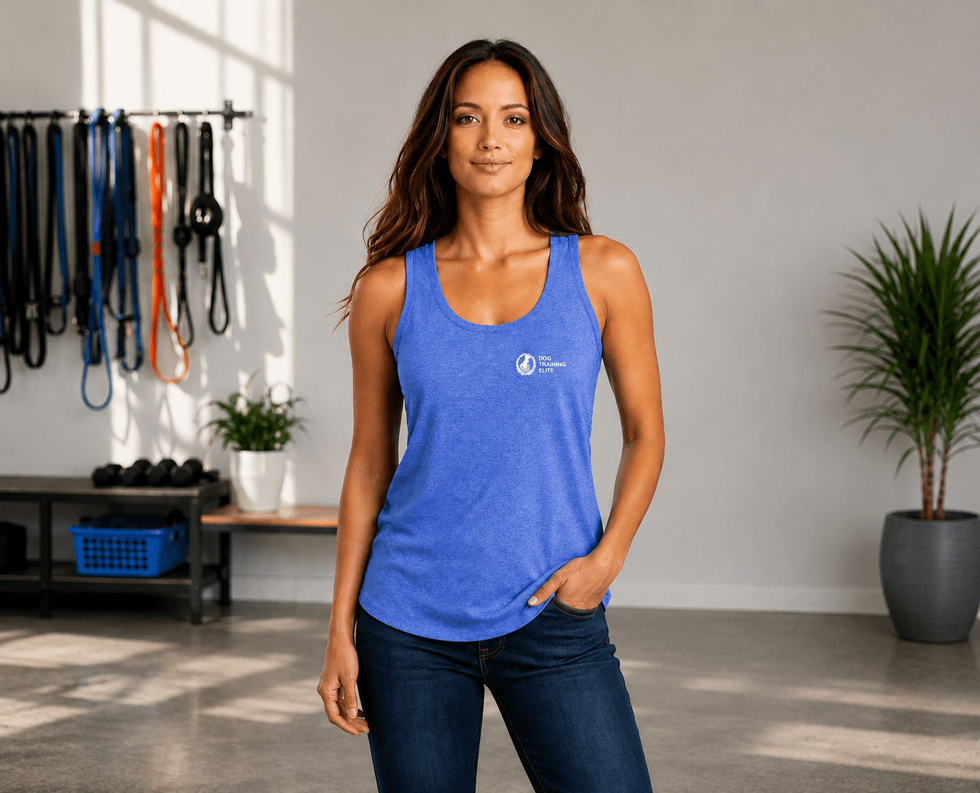 Woman wearing a custom embroidered Dog Training Elite tank top