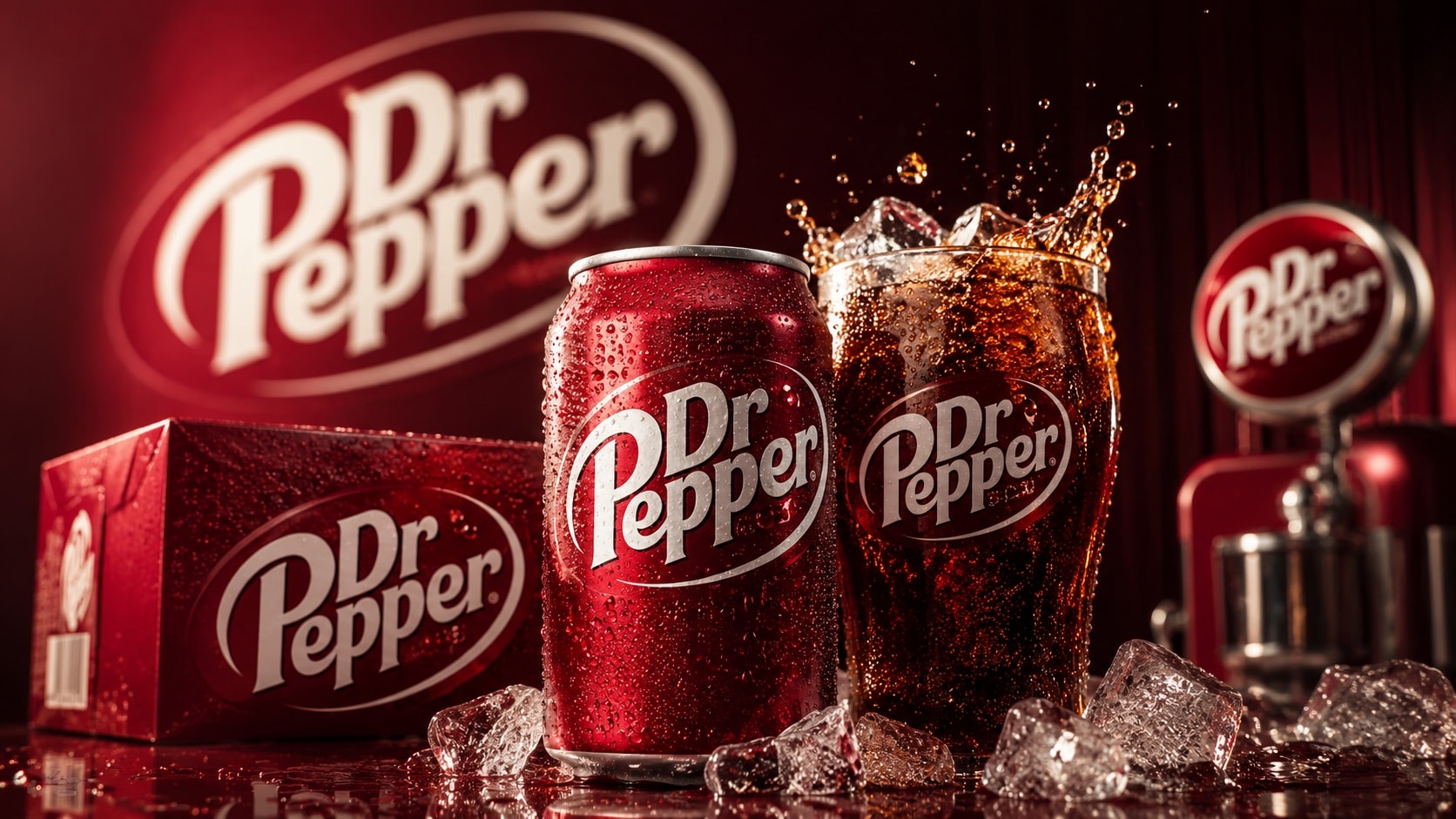 Dr Pepper can and glass with ice against a branded backdrop