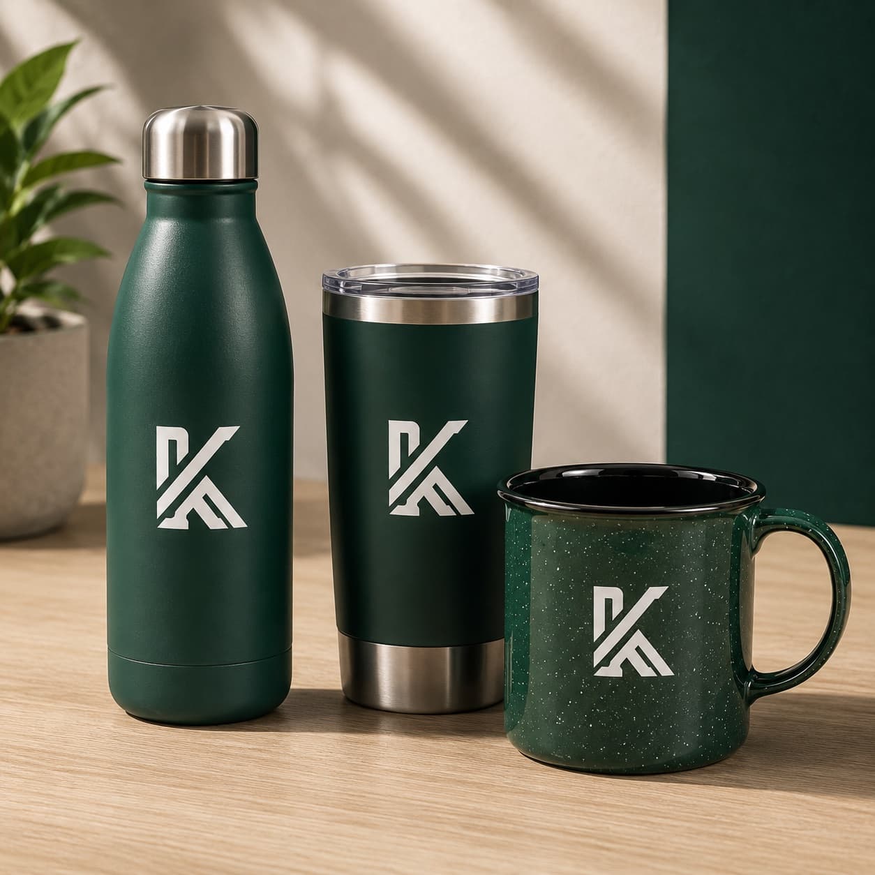 Branded green water bottle, tumbler, and speckled camp mug with logo
