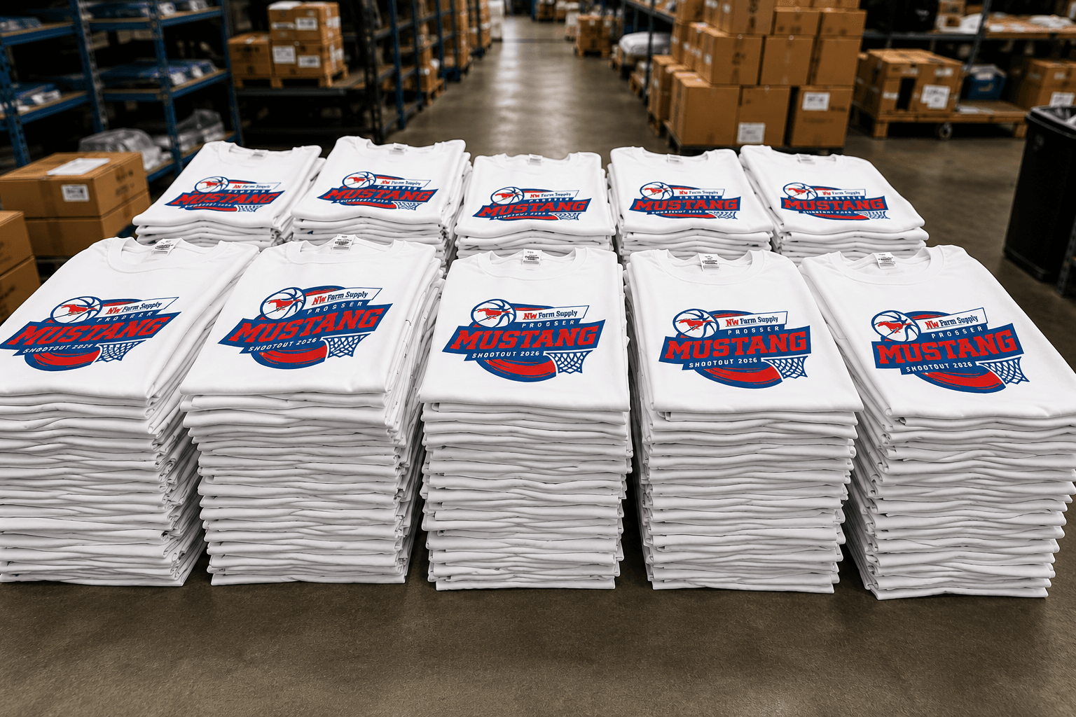 Folded stacks of finished Prosser Mustang Shootout tournament shirts ready for delivery