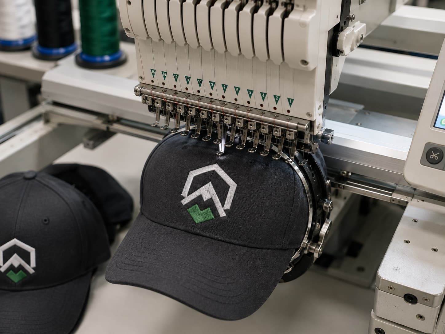 Embroidery machine stitching a mountain logo onto a black cap