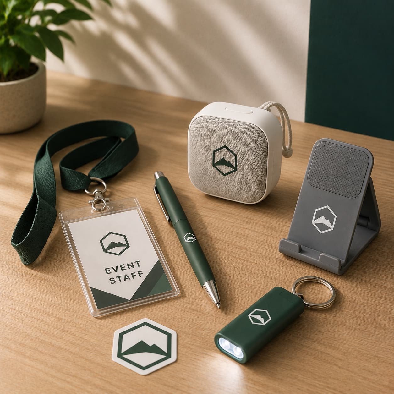 Event staff lanyard and badge, branded pen, speaker, phone stand, keychain flashlight, and sticker