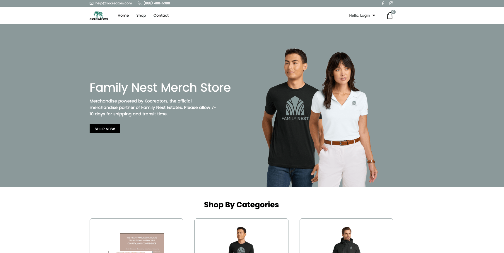 Family Nest Merch Store desktop homepage