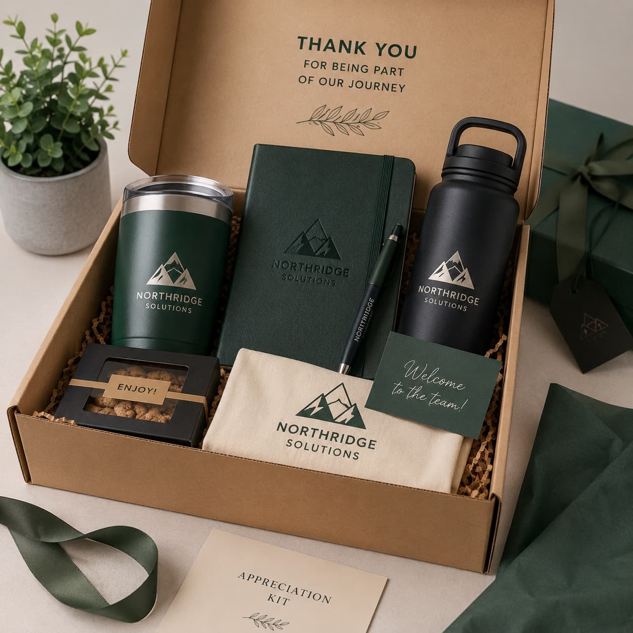 Open branded gift box with a tumbler, notebook, pen, water bottle, pouch, and snacks