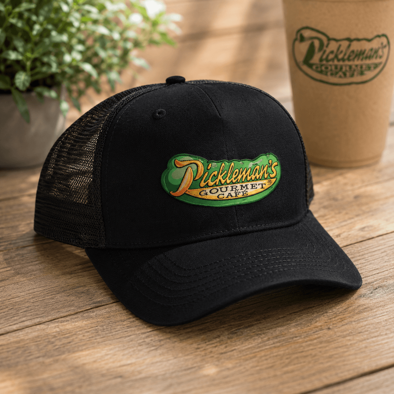Black Pickleman's Gourmet Cafe branded trucker cap
