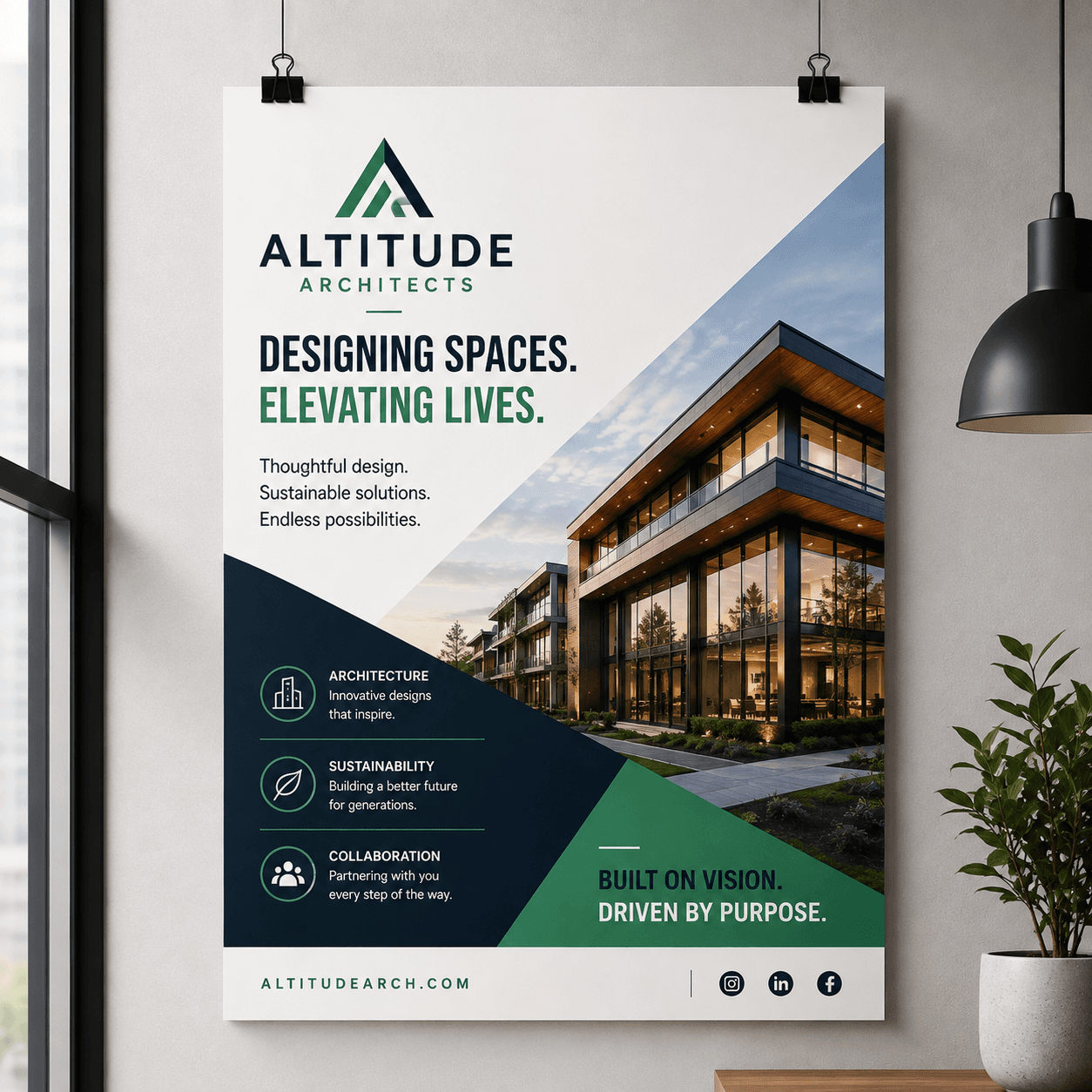 Custom printed poster for Altitude Architects mounted on a wall