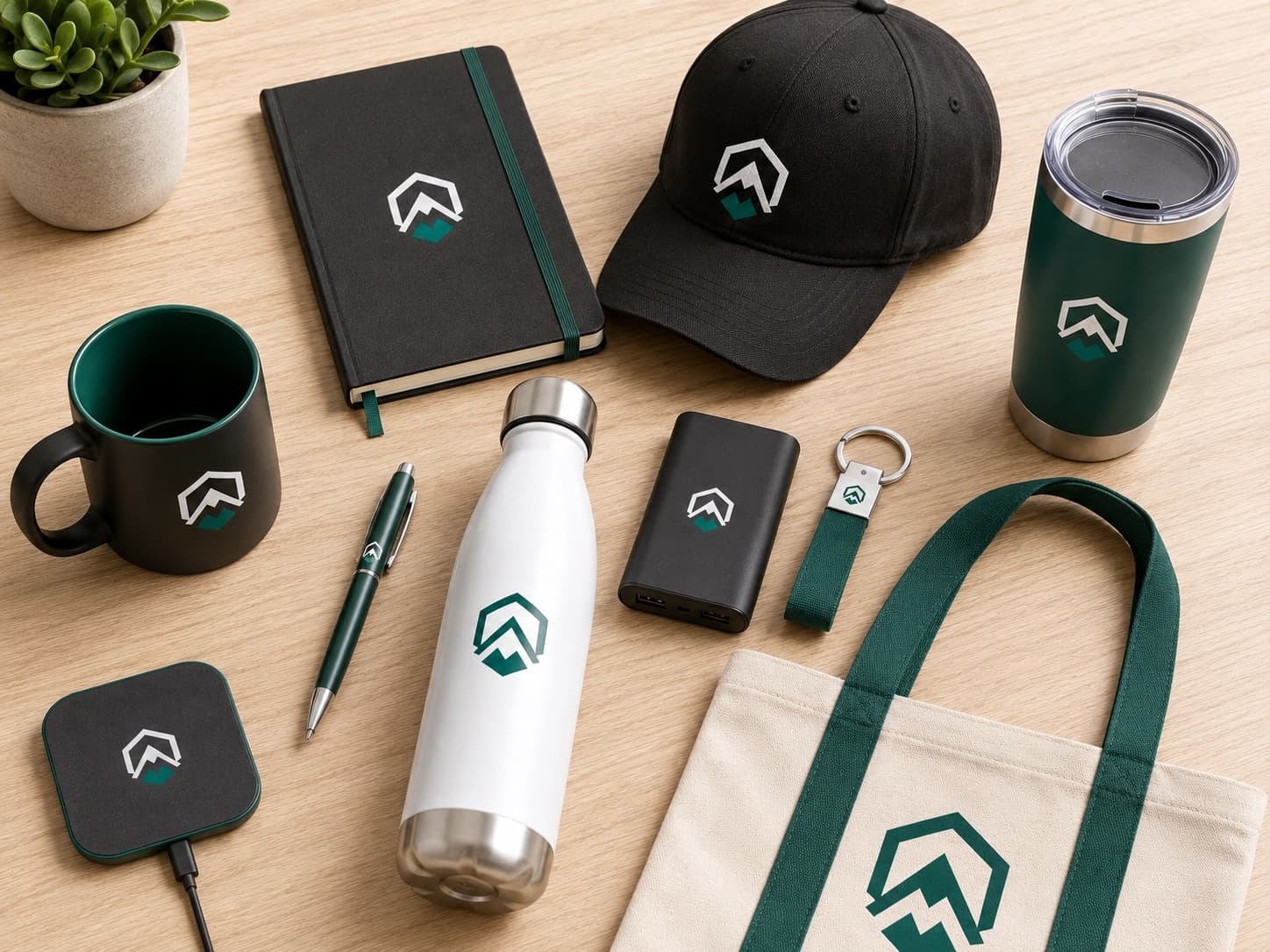 Branded mug, notebook, cap, tumbler, water bottle, power bank, and tote with mountain logo