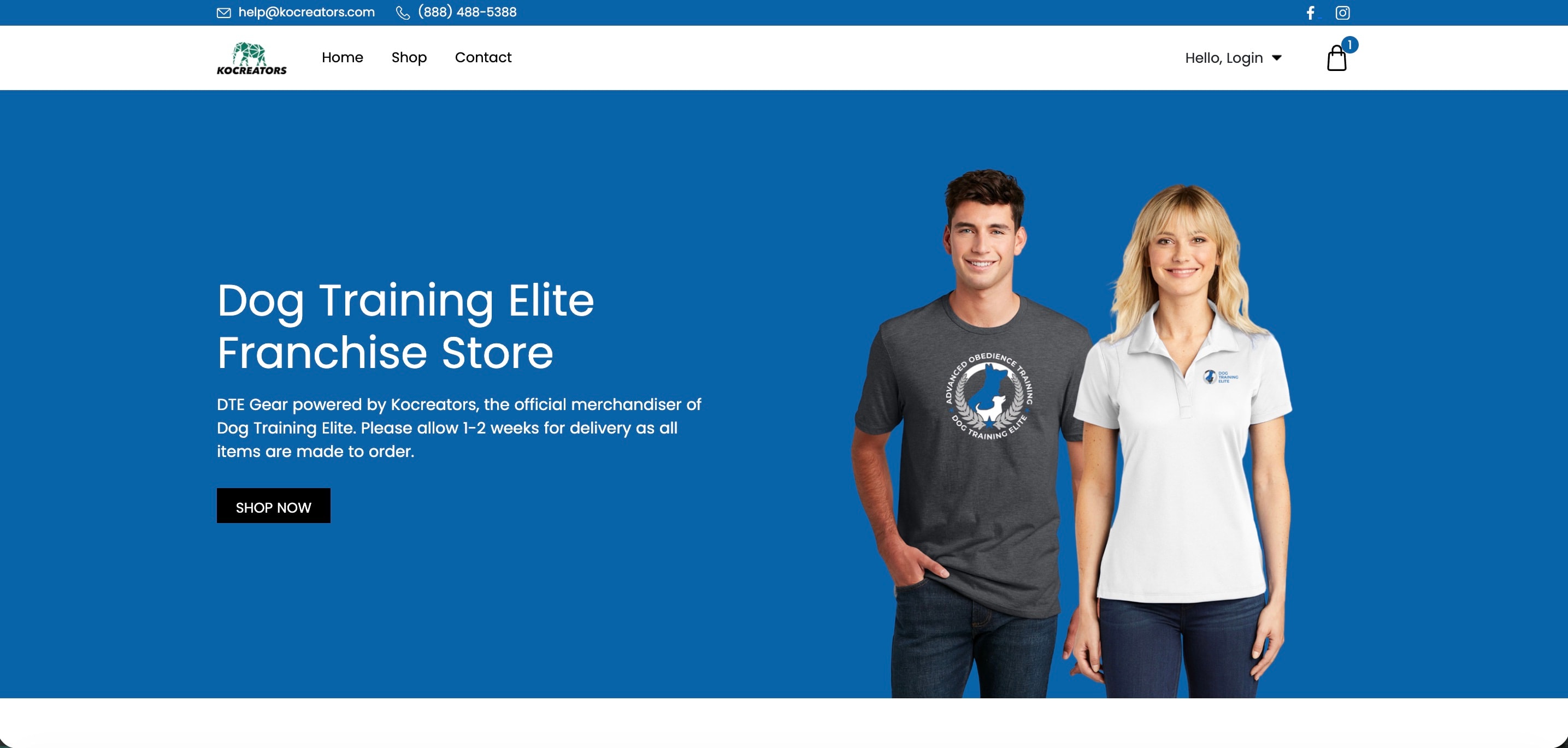 Dog Training Elite branded merchandise storefront homepage