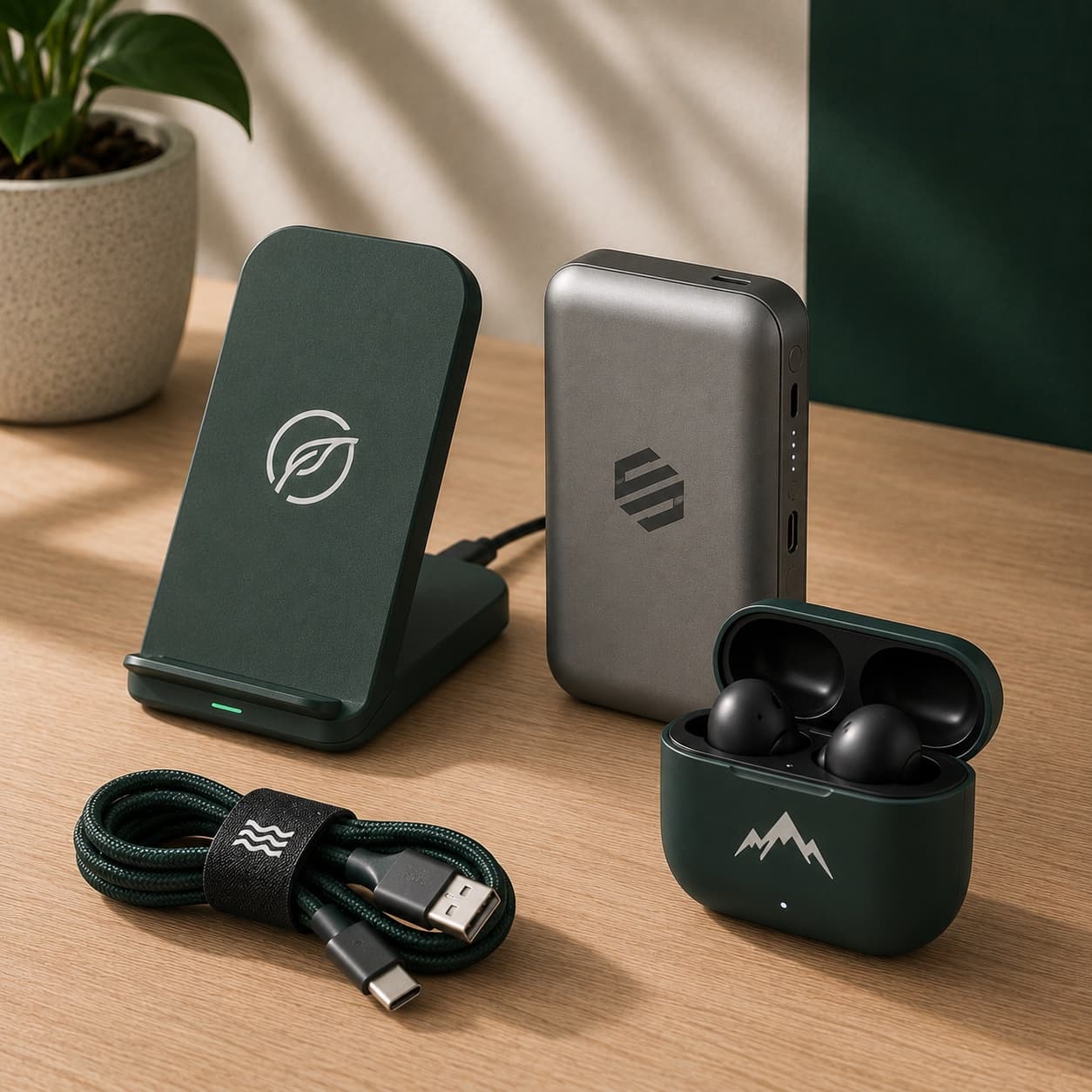 Branded wireless charging stand, power bank, braided USB-C cable, and wireless earbuds