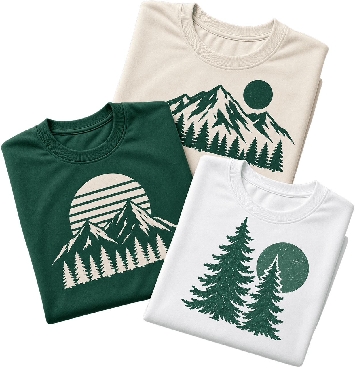 Three folded t-shirts in green, cream, and white with mountain and tree graphics