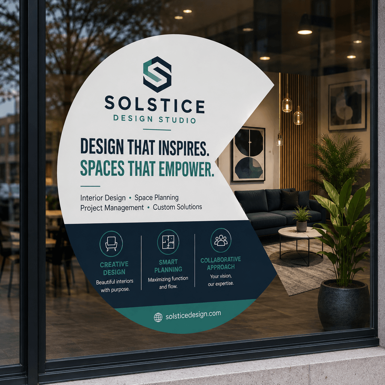 Custom die-cut window cling for Solstice Design Studio on a storefront window