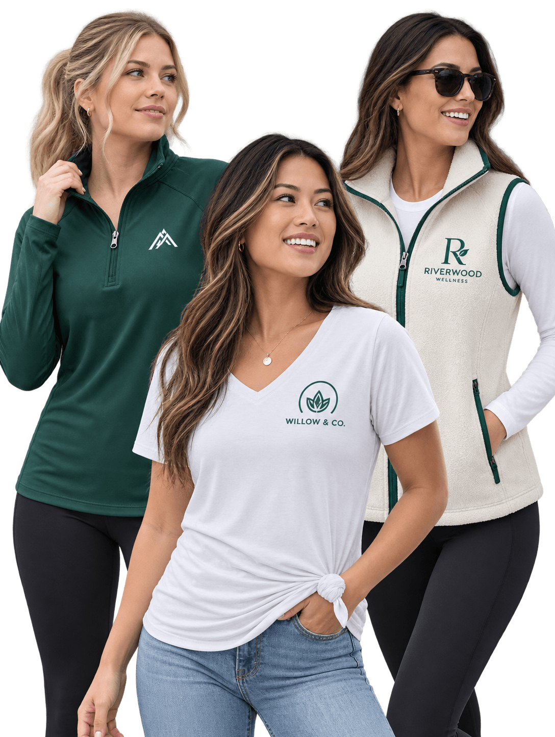 Custom women's apparel with embroidered and printed logos